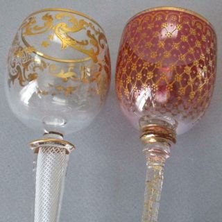 2 Antique Moser Wine Glasses Ornate Gilt Enamel Air Twist Stems Josephinenhutte