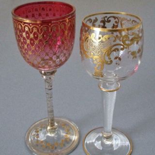 2 Antique MOSER Wine Glasses Ornate GILT Enamel AIR TWIST Stems Josephinenhutte 2