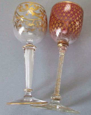 2 Antique MOSER Wine Glasses Ornate GILT Enamel AIR TWIST Stems Josephinenhutte 3