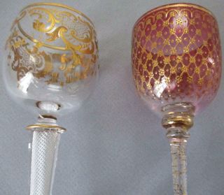 2 Antique MOSER Wine Glasses Ornate GILT Enamel AIR TWIST Stems Josephinenhutte 4