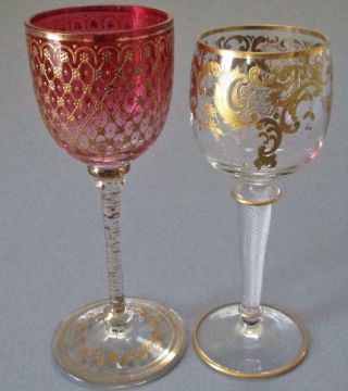 2 Antique MOSER Wine Glasses Ornate GILT Enamel AIR TWIST Stems Josephinenhutte 5