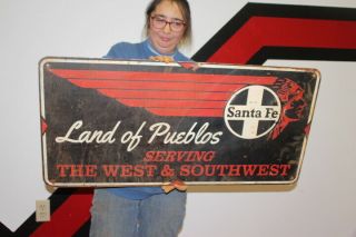 Large Santa Fe Railroad Land Of Pueblos Train Gas Oil 36 " Metal Sign