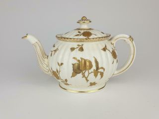 Fine Antique Royal Crown Derby Fluted Teapot.  Gilded Flowers.  Dated 1885.