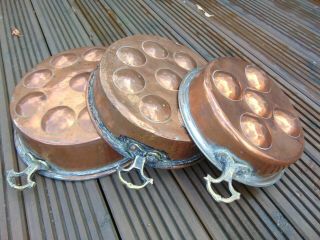Set 3 Antique 19th C French Copper Graduating Escargot Egg Poaching Pans Bowls