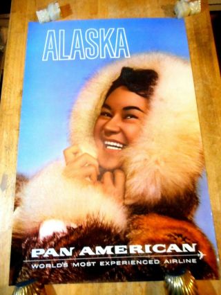 C 1960s Alaska Pan Am Airlines Travel Poster Smiling Eskimo Woman In Pa