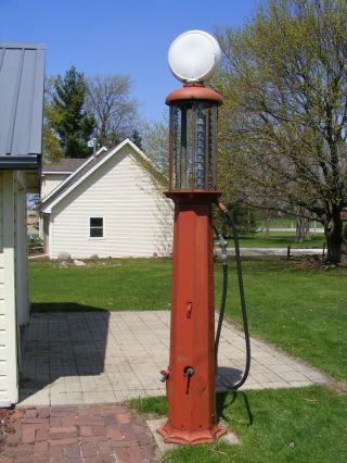 American Octagon Visible Gas Pump Old Paint Glass Cylinder Globe Sign