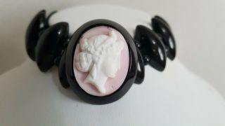Antique Victorian Whitby Jet Shell Cameo Of A Classical Head On Choker Necklace