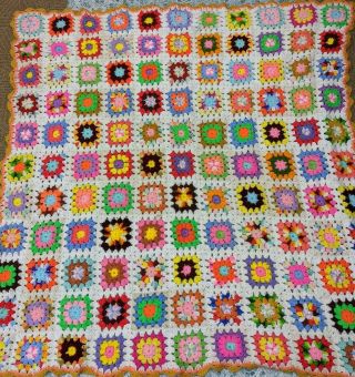 Vintage Crochet Granny Square Afghan Blanket 58x 58 Multicolor
