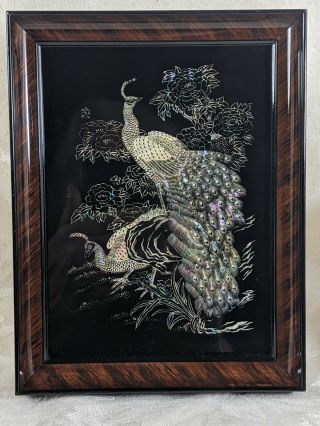 Vintage Japanese Mother Of Pearl Peacock On Black Lacquer Board 5x7