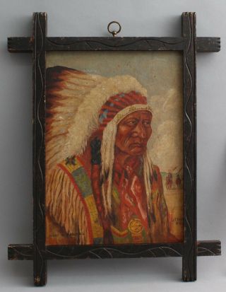 Antique Western Sitting Bull Native American Indian Chief Folk Art Oil Painting