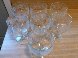 7 Vintage Bartlett Collins Etched Glass Grape Cluster Water Goblets & Ice Bucket