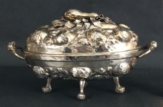 Antique Hand Hammered Arts & Crafts Silverplate Repousse Covered Fruit Bowl,  Nr