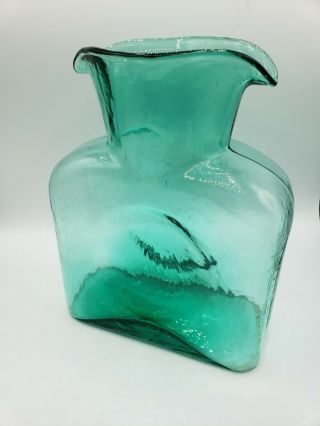 Blenko Art Glass Double Spout Blue Green Teal Aqua Water Pitcher Carafe Vintage