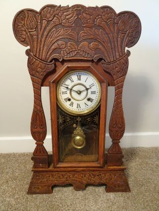 Antique Victorian Haven Clock Co Gingerbread Oak Bracket Clock Chime Key