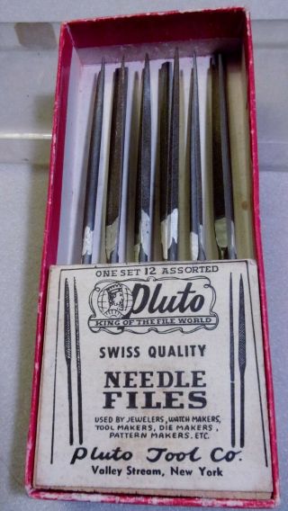 Vintage Pluto Swiss Needle Files Set Of 12 With Wood Holder And Box