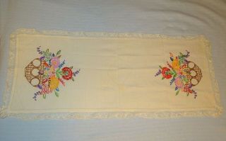Vtg 60s Hand Embroidered Italian Linen Table Runner Scarf Flowers 17.  5 " X 42.  5 "