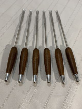 Vintage Long Sturdy Fondue Forks With Wooden Handles Set Of 6