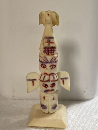 Vintage Native American Small Hand Carved Eagle Totem Pole Scrimshaw Pendant