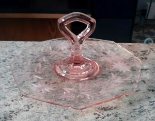 Vintage Floral Etched Pink Depression Glass Center Handle Octagon Serving Plate