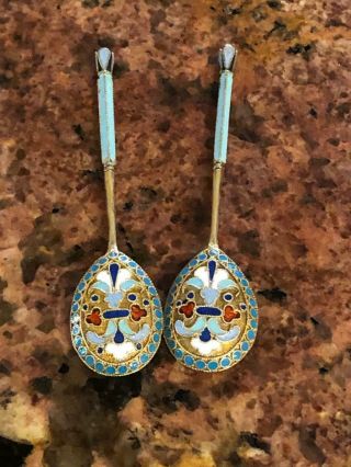 Fine Antique Pair Russian Imperial 84 Mark Gold Plated Enamel Spoons By Nikolaev