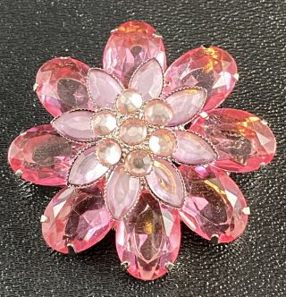 Vintage Inspired Brooch Pin 2” Layered Pink Lucite Rhinestone Flower Lot2