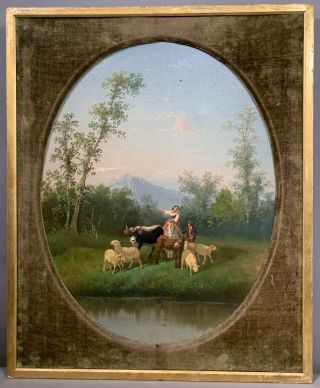 Lg 19thc Antique Victorian Era Lady Sheep & Cow Pastoral Landscape Old Painting
