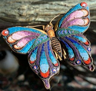 Antique Incredible Butterfly Brooch Glass Micro - Mosaic Italy Workmanship