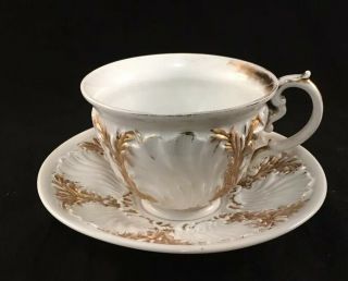 Antique Meissen Porcelain Cup & Saucer Shell Foliate Mold Gold Gilt Decoration
