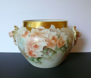 Antique D & C Limoges Porcelain Planter Jardinière Pink Roses Lion Head Handles