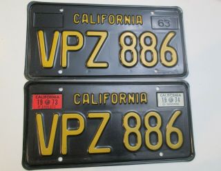 Vintage California Black & Gold License Plates 1963 - 1969 Years Vpz 886 Dmv Clear