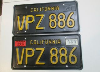 Vintage California Black & Gold License Plates 1963 - 1969 Years VPZ 886 DMV CLEAR 2