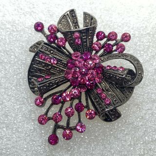 Vintage Pink Flower Spray Brooch Pin Rhinestone Black Tone Costume Jewelry