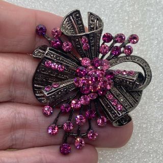 Vintage PINK FLOWER SPRAY BROOCH Pin Rhinestone Black Tone Costume Jewelry 2