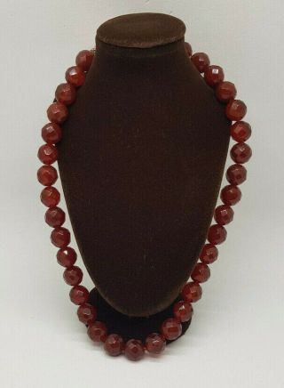 Antique Art Deco Faceted Cherry Amber Glass Beads Necklace 16 " Long