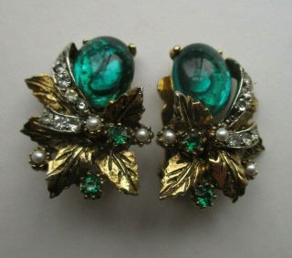 Vintage Signed Art Green Jelly Belly Rhinestone & Pearl Earrings