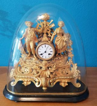 Antique 1800s French Gilt Bronze Figural Mantle Clock Girl Boy Stand Glass Dome