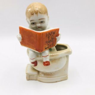 Vintage Lusterware Whimsical Boy On Toilet Reading How To Make Love Japan