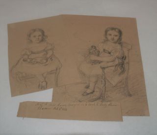 Antique 19th Century Fine Art Pencil Sketch Drawings Young Girl Seated With Doll