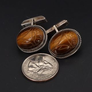 VTG Sterling Silver Egyptian Carved Tiger ' s Eye Braided Men ' s Cufflinks - 14.  5g 3