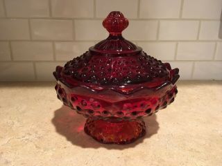 Vintage Fenton Ruby Amberina Hobnail Footed Candy Dish Scalloped With Lid