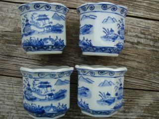 Vintage Chinese Blue White Porcelain Small Planters With Mountain Garden Scene