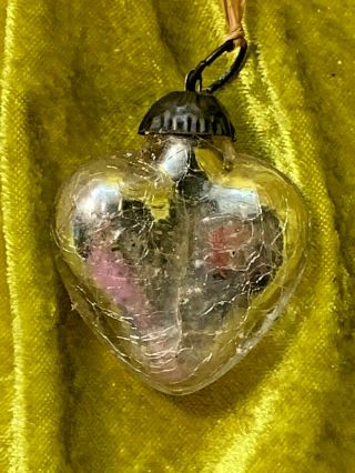 Vintage German Deep Silver Crackle Glass Kugel Heart Ornament 2 "