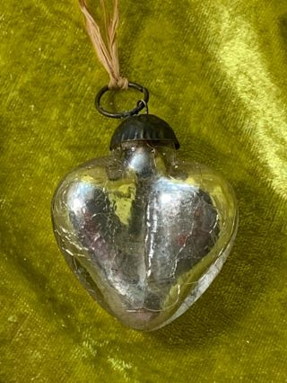Vintage German Deep Silver Crackle Glass Kugel Heart Ornament 2 