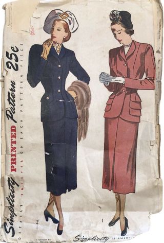 Simplicity Vintage 1940s Sewing Pattern 2323 Suit Slim Skirt Half Size 16 1/2