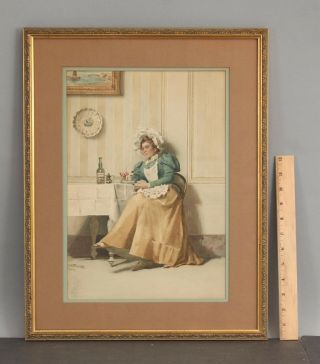 19thc Antique Vittorio Baldancoli Italian Watercolor Painting Maid & Tea Time