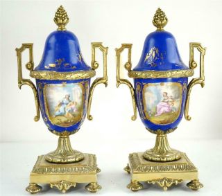 Bd Pair Antique French Sevres Style Porcelain & Brass Garniture Urn Vases