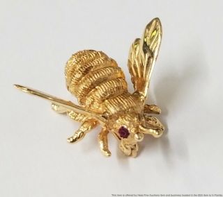 Cool Fat Antique 14k Gold Ruby Eyes Bumble Bee Insect Pin Brooch