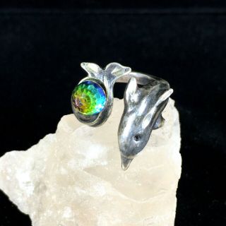 Vintage Shube Dakota West Sterling Silver Ring Sz 6 Dolphin Wrap Rainbow Crystal