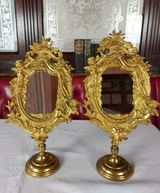 Pair Antique French Empire Ormolu Gilt Brass Dressing Table Vanity Mirrors 19thc