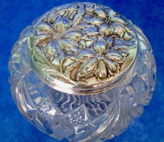 Antique Art Nouveau Sterling Silver Floral Chiseled Lid Powder Jar 1870 - 1900